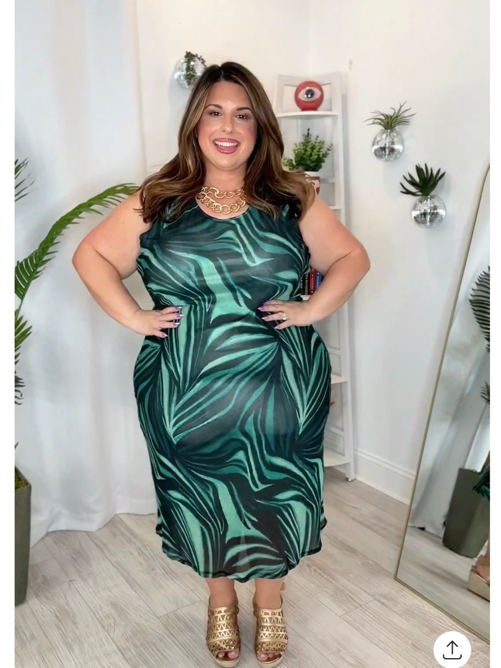 Plus Green Tropical Print Mesh Sheath Dress